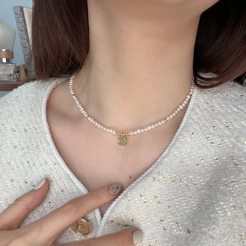 Kalung Mutiara C Ganda Retro Elegan Kalung Mutiara Manik Emas Kecil