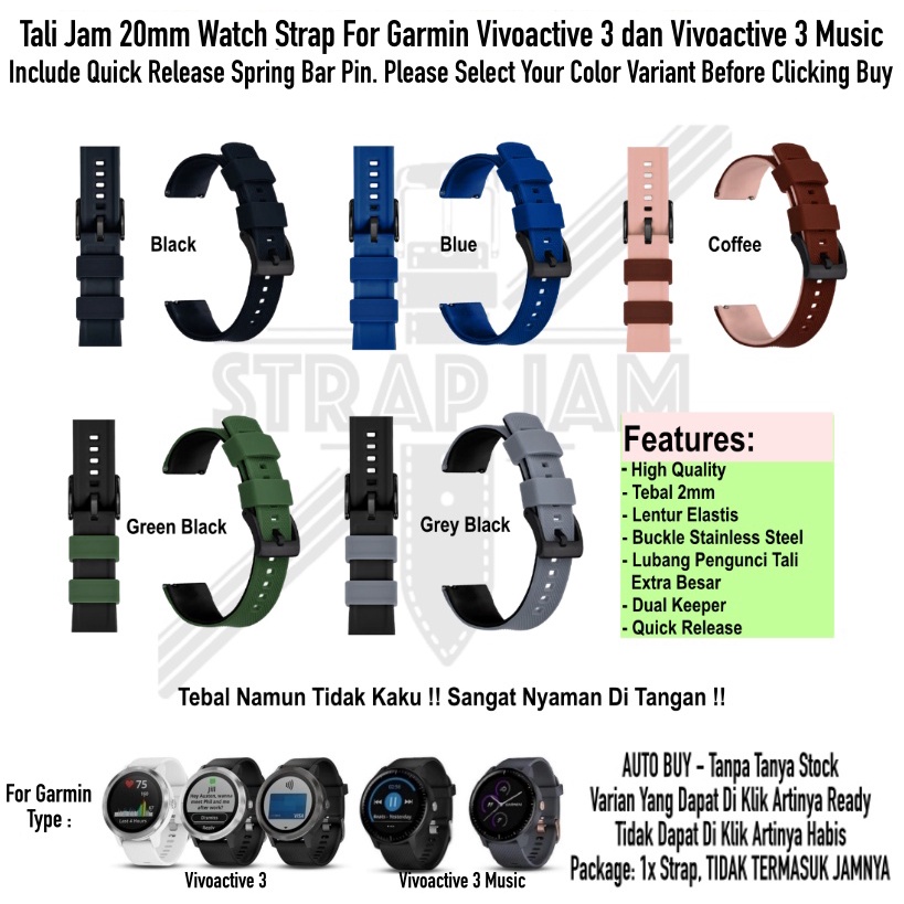 HNN Tali Jam Tangan Garmin Vivoactive 3 / Music - Strap 20mm Rubber Lentur Nyaman