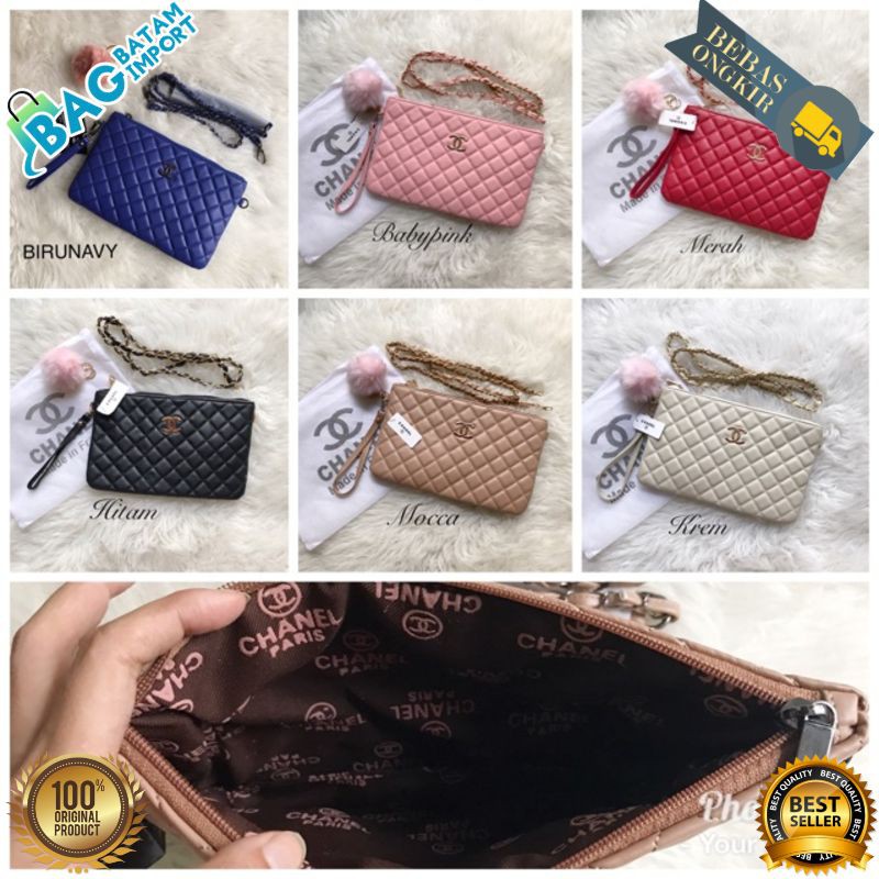Tas wanita Chanel Clutch Impor import Batam set dapet banyak BONUS free pompom BUAT Pesta dan jalan