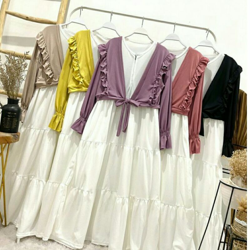 Griselle Dress One Set Ruffle Outer / Dress Polos Kutung Free Cardigan Lengan Panjang Wanita