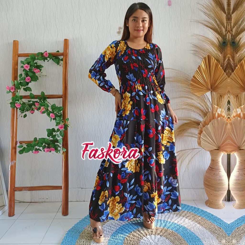 Dress Muslim Wanita Model Terbaru Untuk Remaja / Gamis Jumbo Motif Bunga / Dress Lengan Panjang