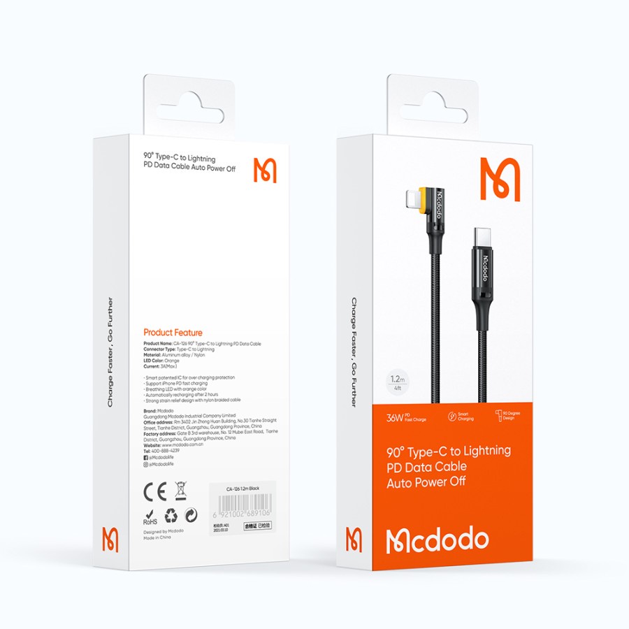MCDODO CA-126 Kabel Charger C To Lightning iP 11 12 13 Pro Max Auto Power OFF PD Fast Charing 36W