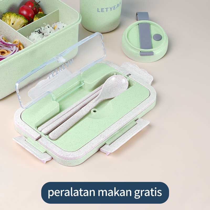 Letyeah &amp; Kaizenliving Lunch box set anti tumpah/ jerami gandum kotak makan set /lunch box tas set portable