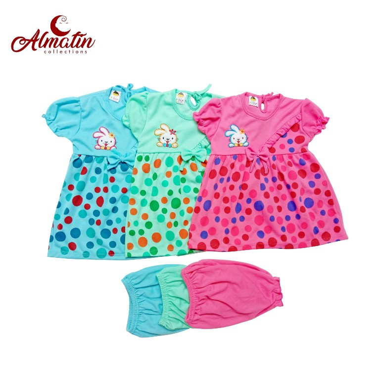 3 STEL DRESS ANAK PEREMPUAN / BAJU ANAK PEREMPUAN / SETELAN DRESS BAYI MOTIF POLKADOT 3-18 BULAN