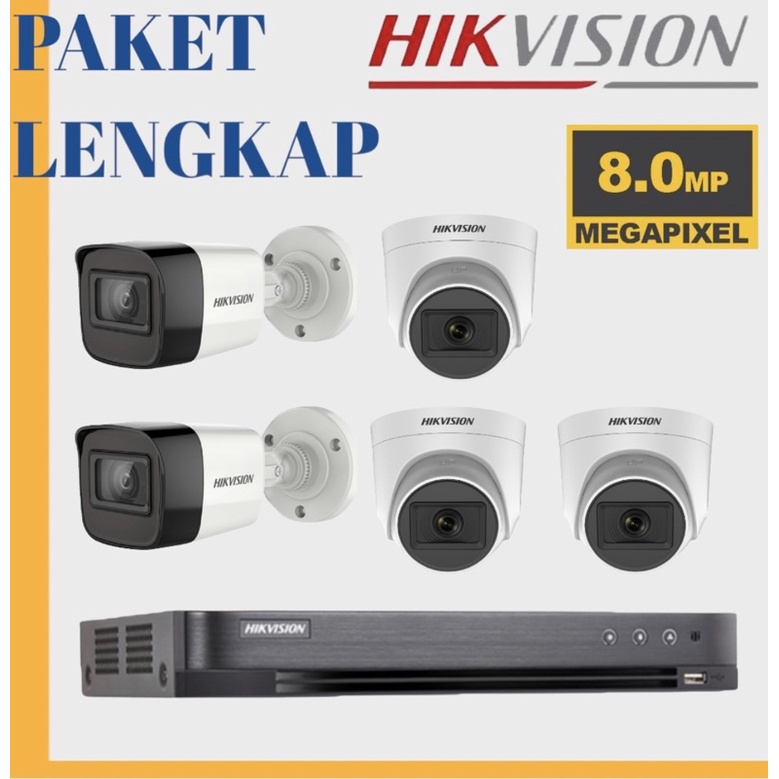 PAKET KAMERA CCTV HIKVISION 5 CAMERA 8mp 8 CH CHANNEL FULL HD KOMPLIT TINGGAL PASANG