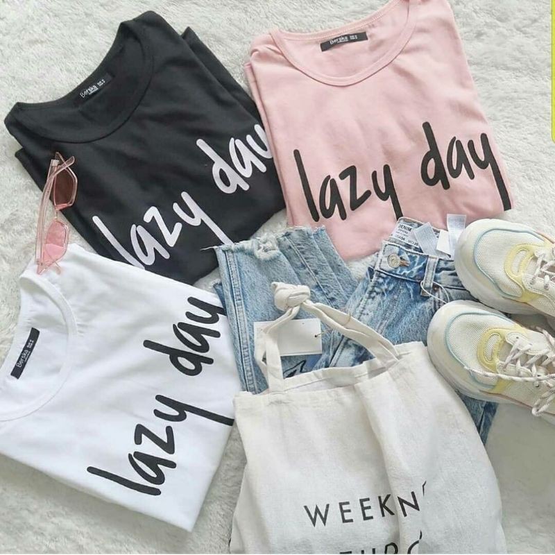 KAOS BAJU TSHIRT TEE TANGAN LENGAN PENDEK LAZY DAY KATUN ADEM COD BAYAR DI TEMPAT OTD HITS WANITA