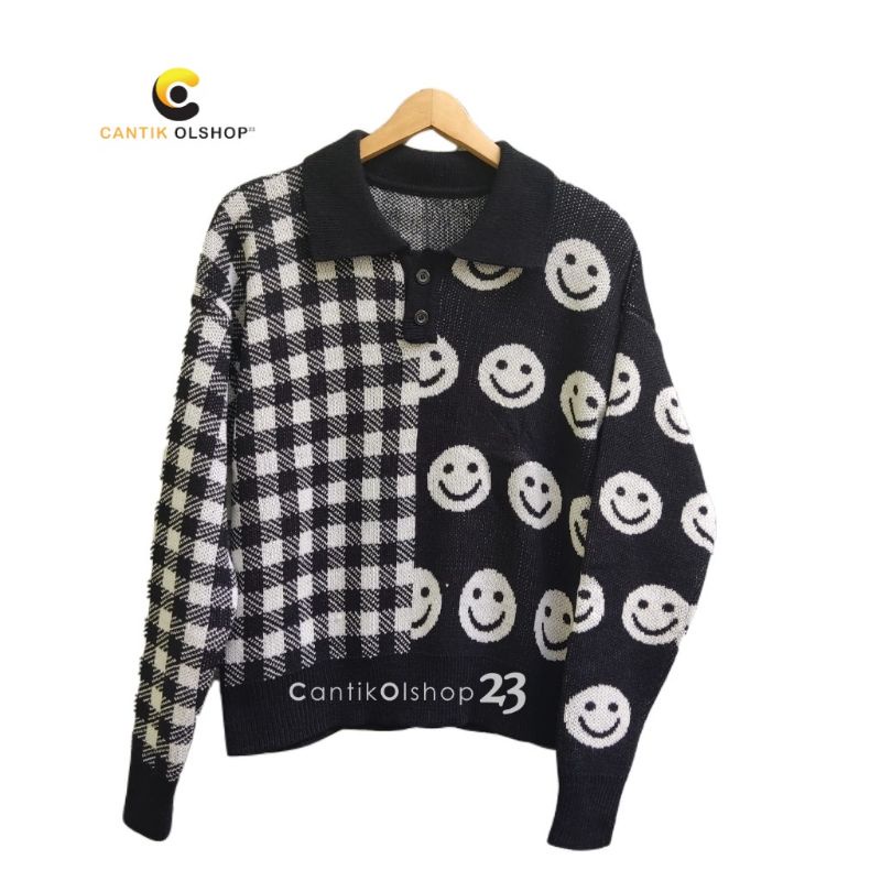 CS052 Sweater Rajut Wanita Motif Smile Square Kinanti