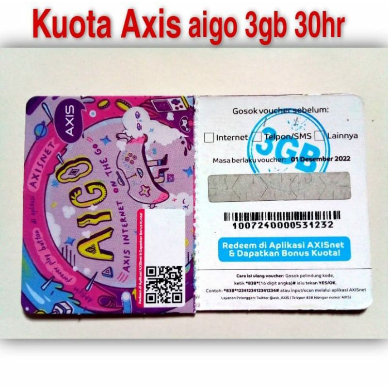 VOUCHER AXIS 3GB 30HR/KUOTA MURAH/AXISNET/AIGO REGULER KIRIM VIA CHAT