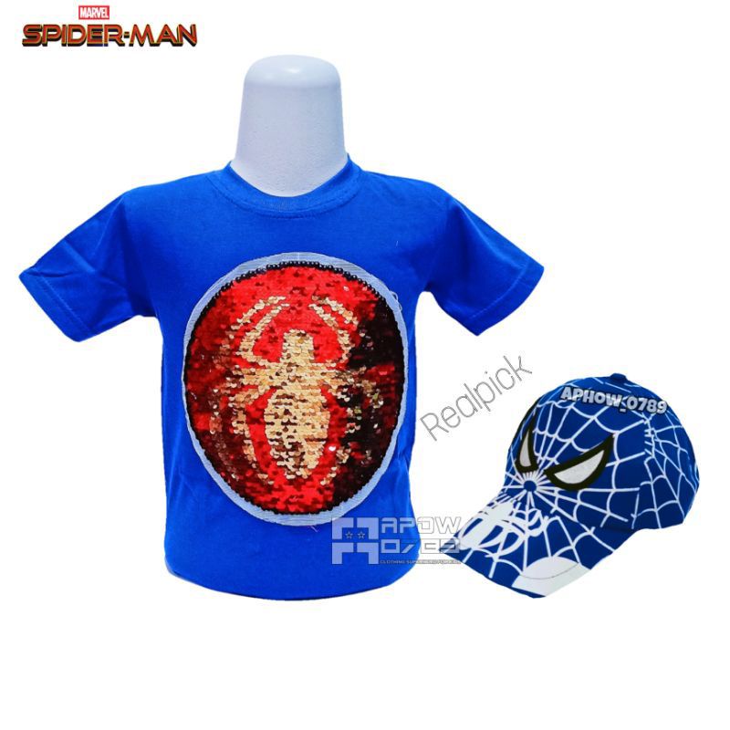 Baju anak usap 2 gambar spiderman gratis topi bordir - baju anak
