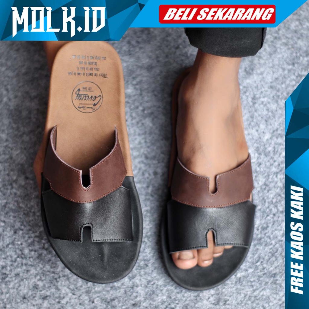 MOLK|Sandal Slop Kulit Pria Original Trendy Kekinian Santai Casual Traveling Cowok Hitam Murah