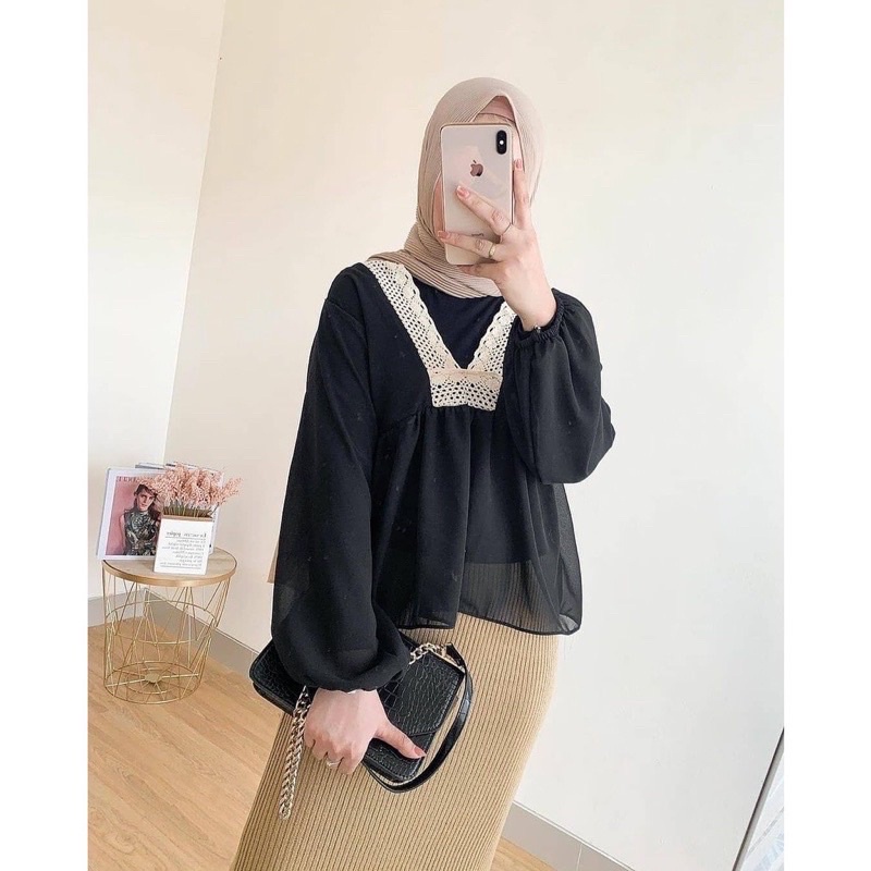 BEFAST - ZRD Blouse Wanita VINNA / ALIKA BLOUSE MIX RENDA / Blouse Wanita Casual / Blouse Pesta / Blouse Formal / Blouse Unik / Fashion Wanita Kekinian / Blouse Lengan Panjang