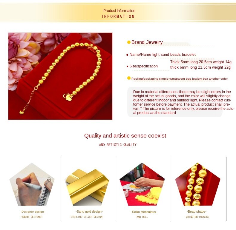 Gelang Manik-Manik Lapis Emas Asli Kadar 375 Matte Gaya Vietnam Untuk Wanita
