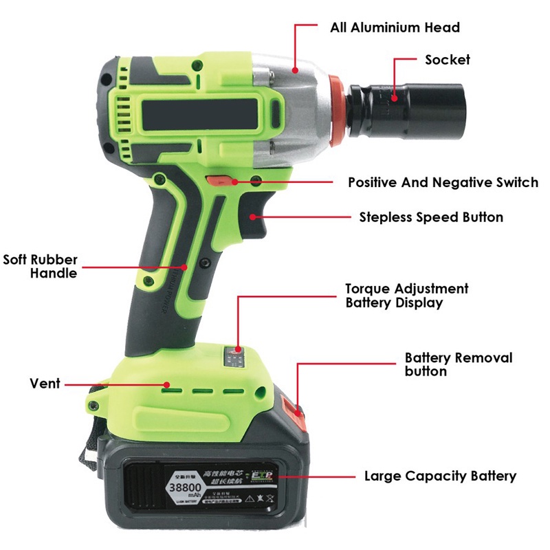 Reaim 288V Cordless Impact wrench 2 baterai cordless mesin pembuka baut ban bor set impak buka motor mesin bor untuk baut mobil