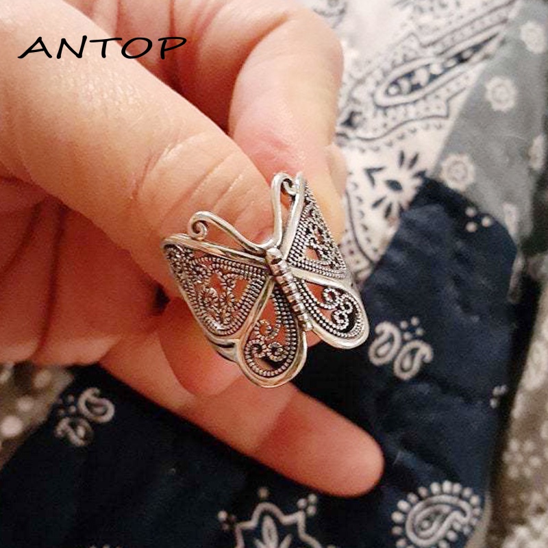 Cincin Ukiran Butterfly Gaya Retro Vintage Eropa Dan Amerika