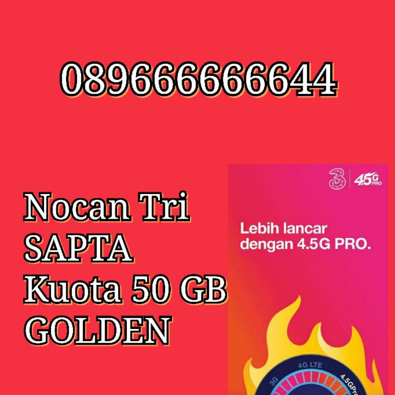 NOCAN Nomor Cantik Sapta 6 Kartu Perdana Simcard Tri Three 3 4G LTE Kuota 50 GB Golden