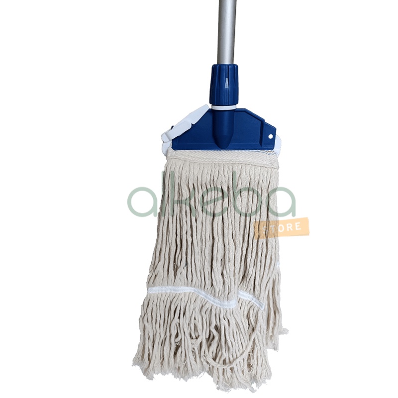 Mop Pel Set complete tangkai aluminium hand grip biru + frame mop holder biru + kain refill mop putih