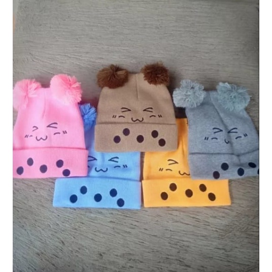 Kupluk Pom Pom Rajut Anak Bayi Bordir Boba / kupluk Baby Bordir Boba / BISA BAYAR DI TEMPAT (COD)