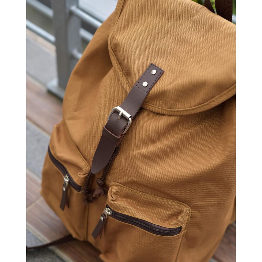 Tas ransel laptop pria wanita kuliah sekolah kerja kanvas heejou backpack travello tan serut vintage retro classic unisex