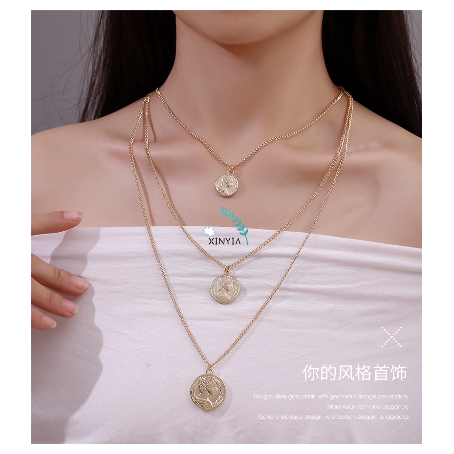 Kalung Rantai Multilayer Liontin Rantai Sweater Boho Koin Gold / Silver Untuk Wanita