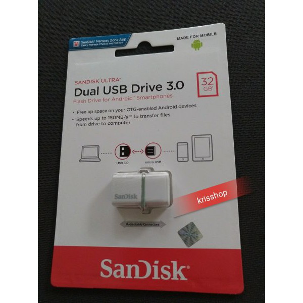 Original  Warna putih  Sandisk Ultra 32GB Dual USB Drive 3.0 OTG sandi CO2476 CN Comp