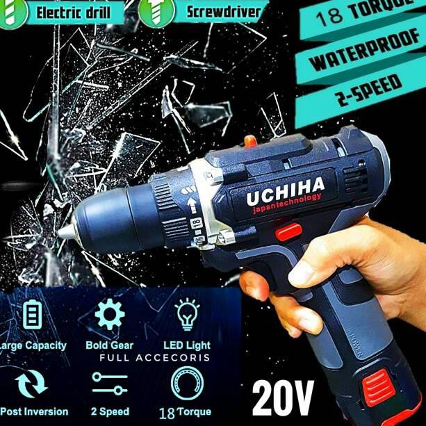 Mesin bor tanpa kabel baterai cordless 42 volt 13mm beton besi kayu full set pilihan 25 torsi UCHIHa