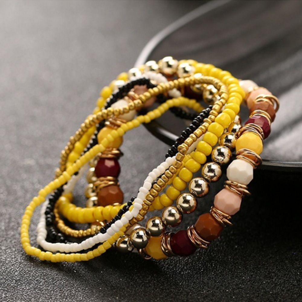 Needway  Women Bangle Cuff Boho Bracelet Silver Elastic Multi-layer Charm Fashion Beaded/Multicolor