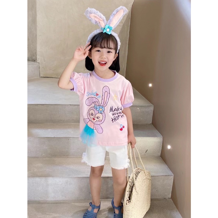 Kaos T-shirt Anak Perempuan Motif Stella Lou Lucu 3D Mesh Puff Sleeve