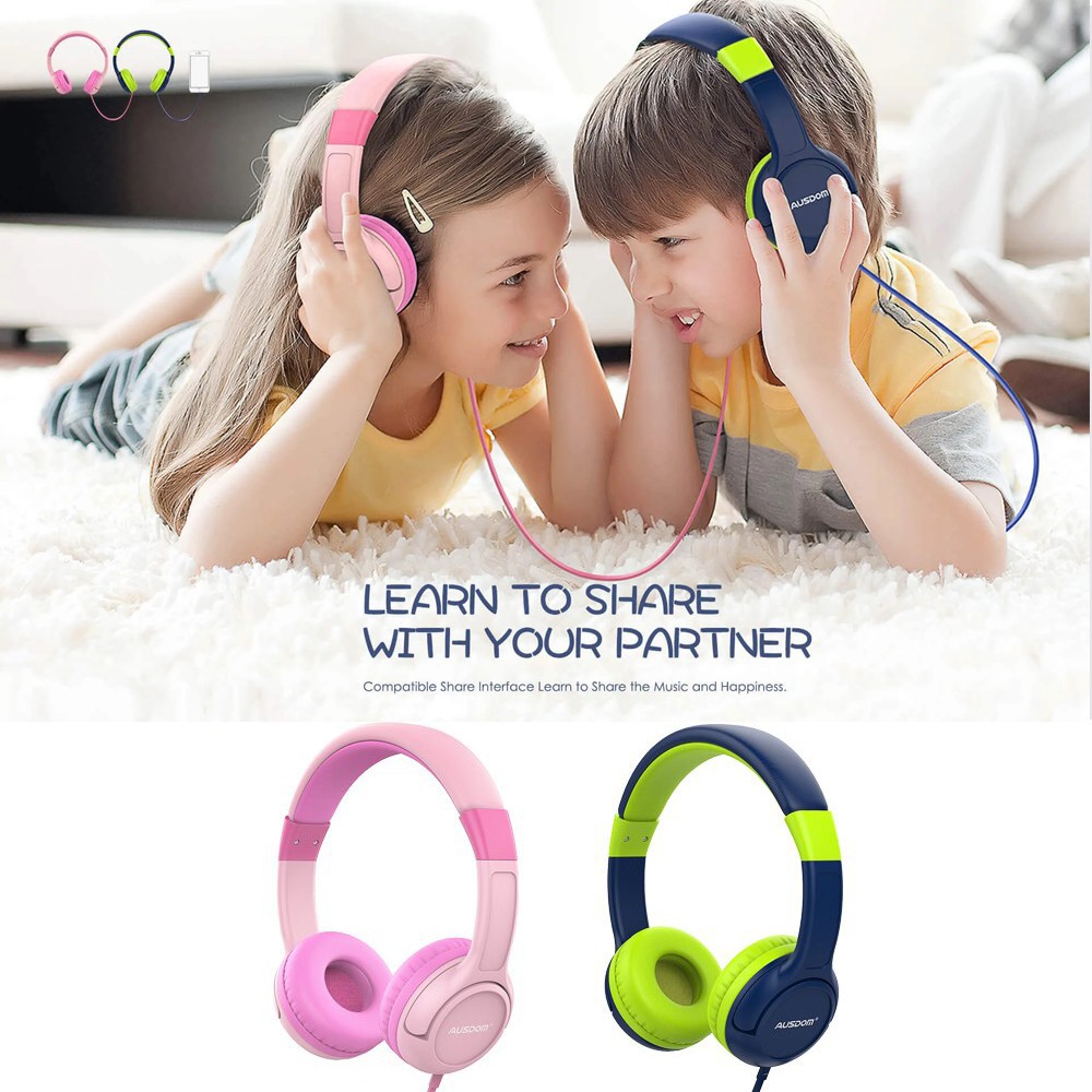 Headset ausdom wired audio aux 3.5mm stereo bass music sharing for kids K1 - Headphone anak K-1