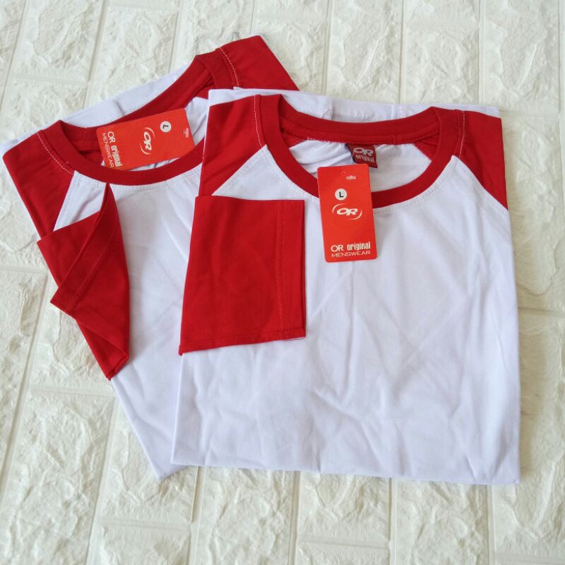 kaos polos reglan PUTIH-MERAH panjang dewasa uk M L XL XXL