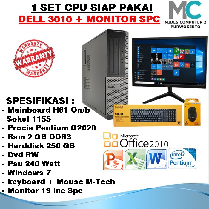 Paket 1 Set CPU PC Built UP Dell Optiplex 3010 Slim Mini Pentium G2020 Dan Monitor