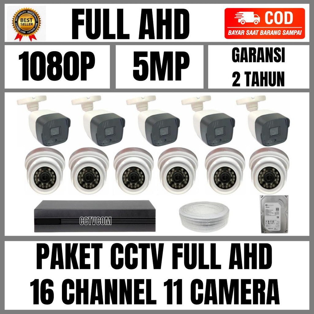 PAKET CCTV FULL AHD 16 CHANNEL 11 KAMERA 5MP IR SONY 1080P KOMPLIT TINGGAL PASANG