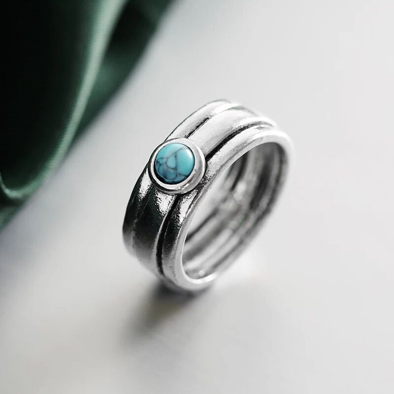 Cincin Wanita Lapis Silver Hias Batu Turquoise Biru Resin Gaya Vintagebohotibetniksimple Untuk Pesta