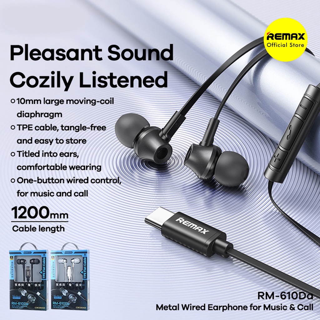 Remax RM-610DA Earphone In Ear Type C Bass Kabel Flat Original