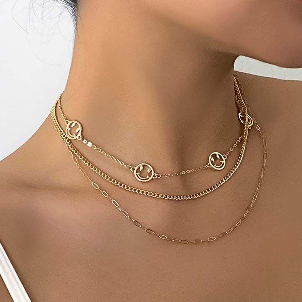 Mxbeauty Kalung Wanita Kepribadian Geometris Smiley Sederhana Multi-layer Hollow Alloy Hip Hop Gaya Korea Necklace