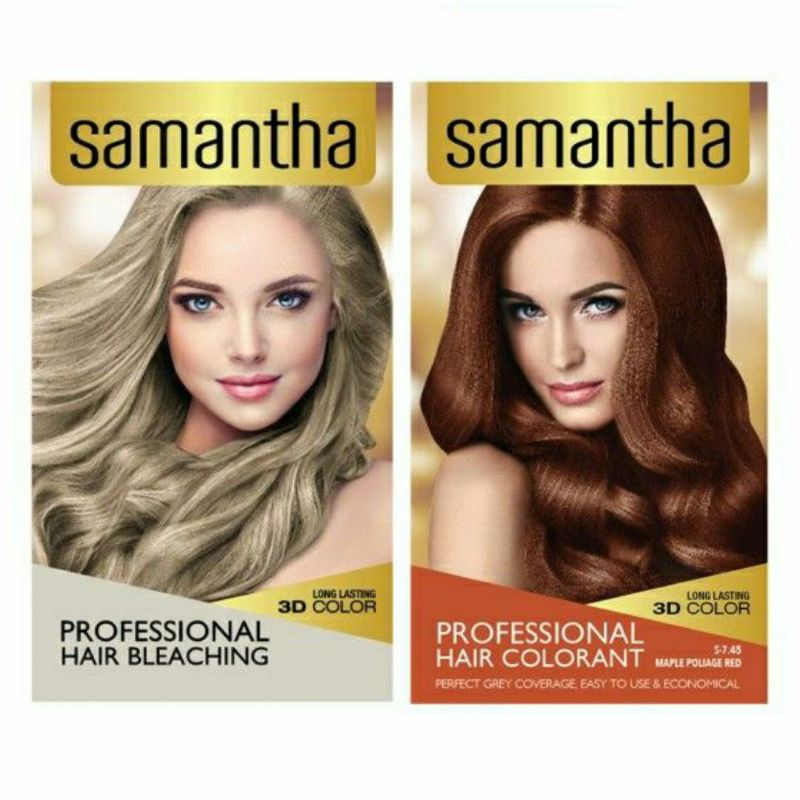 semir rambut samantha paket bleaching+golden blonde, bleaching+poligate red, bleaching+irese red, bl