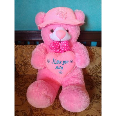 Boneka Beruang love topi pink jumbo Terbaik