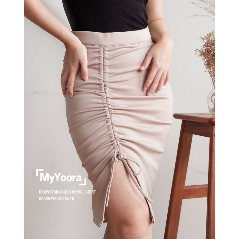 Midi Skirt Slit Rok Pencil Tali Serut Casual