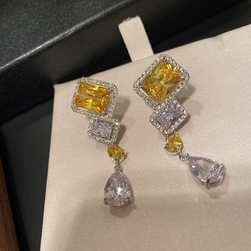 Retro Crystal Eardrops Inlaid Yellow Gem Square Moissanite Sterling Silver Needle
