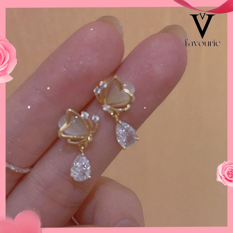 [COD]Opal Butterfly Love Water Drop Zircon Earrings Desain Niche Wanita Anting Temperamen Kelas Atas-FA