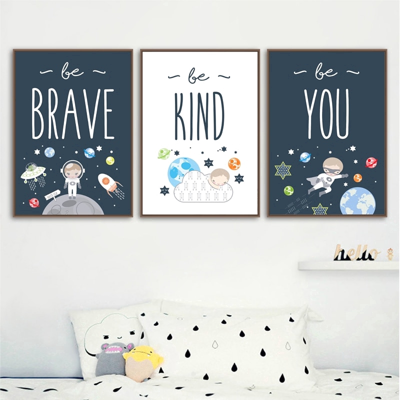 Space Themed Nursery Wall Art Prints Be Brave Be Kind Quotes Canvas Posters Painting Baby Boy Gift Kids Room Wall Shopee Indonesia