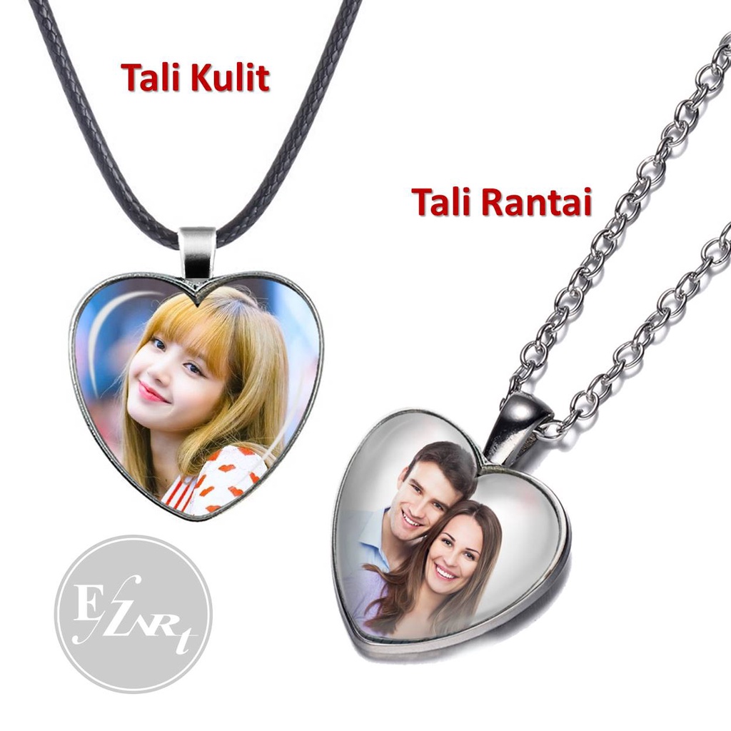 BISA CUSTOM FOTO - KALUNG LIONTIN KACA BENTUK HATI CINTA CEMBUNG TALI KULIT RANTAI STAINLESS STEEL REQUEST GAMBAR LOGO TULISAN INISIAL