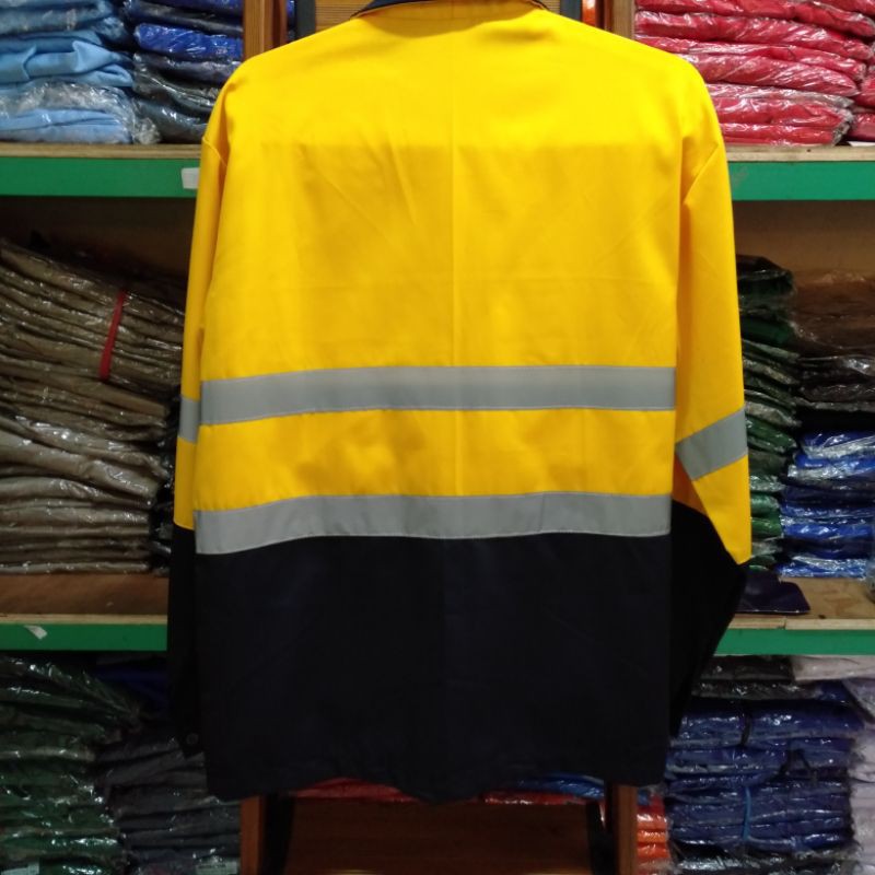 Baju Safety KOMBINASI Kuning Kemeja Kerja Pria Lengan Panjang K3 Proyek Bahan Drill