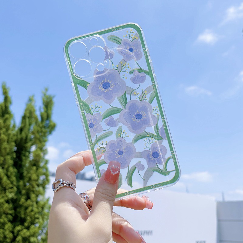 Pink &amp; Blue Beautiful Flowers Soft Case HP Samsung Galaxy A23 A03 Core Note 10 Plus 8 9 S20 S21 FE Note 20 S20 S30 S22 Plus Ultra Fashion Clear Casing