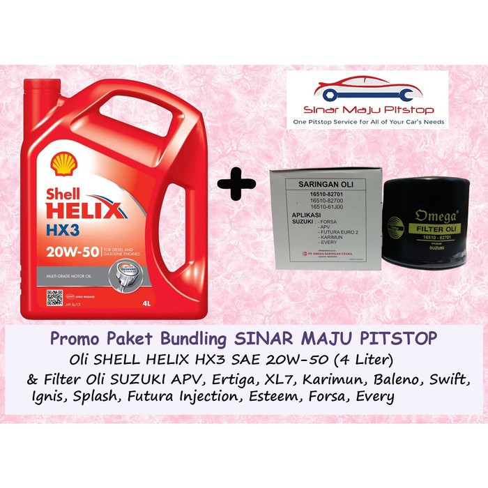 Paket Oli SHELL HELIX HX3 20W-50 Original 4 Liter & Filter Mobil SUZUKI APV - ERTIGA - XL7 - BALENO