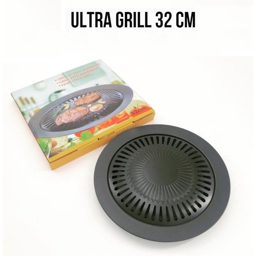 Korean BBQ Grill Pan 32cm Aluminium - Alat Pemanggang - BBQ Grill Pan Bulat Wajan Teflon Besi Panggangan BBQ