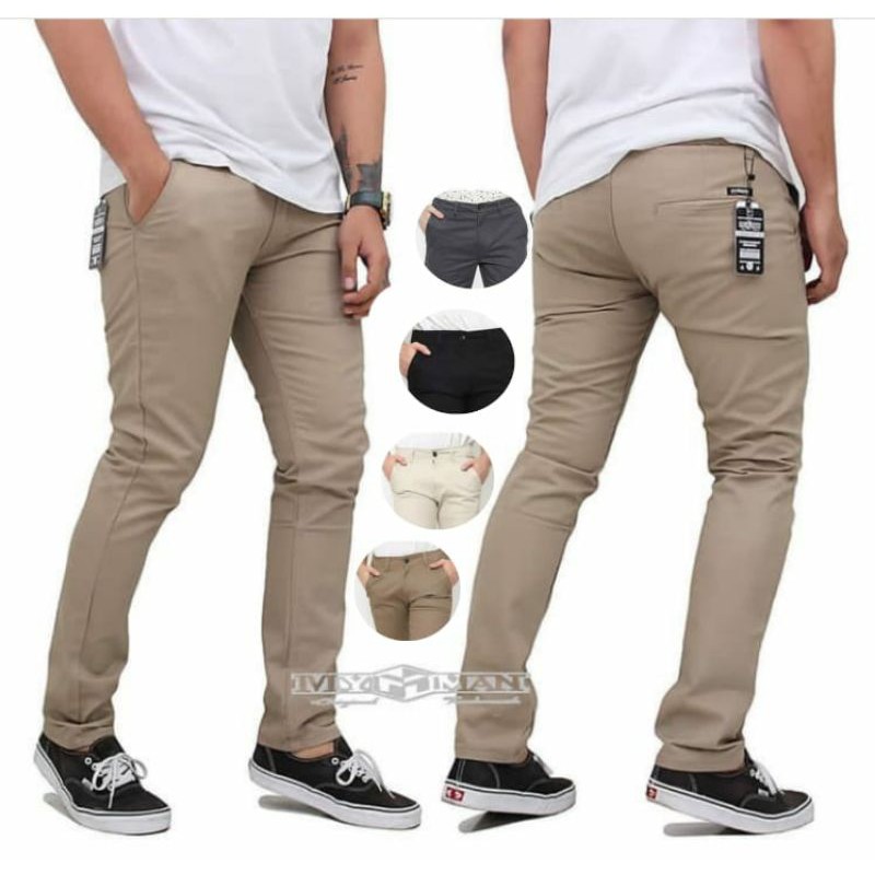 CELANA CHINO Panjang pria Slimfit KERJAHARIAN Santai Casual Formal Hitam Abu Cream Mocca Size 27-38