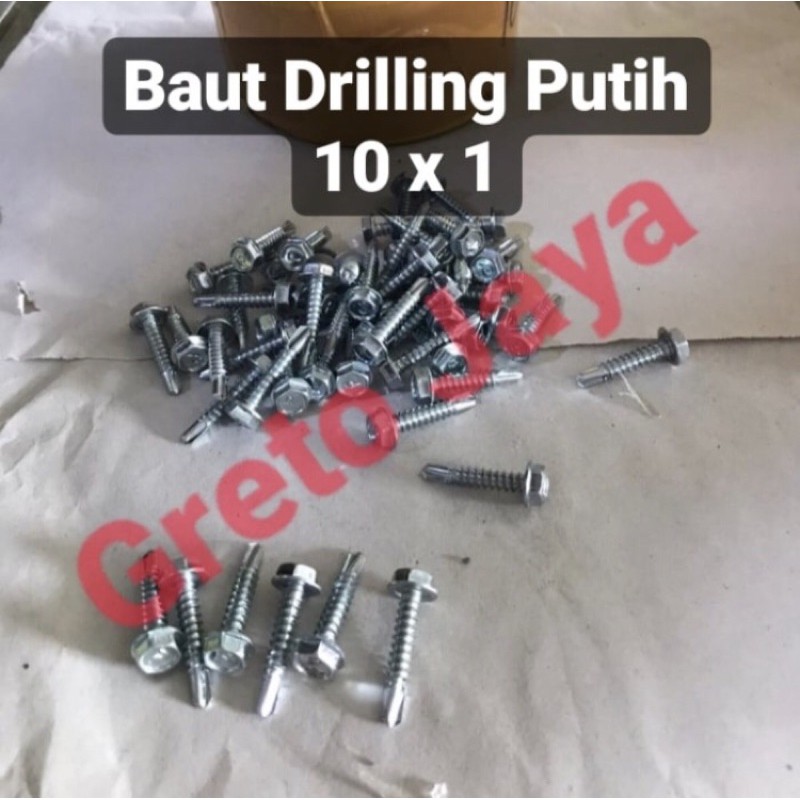 ( 10x1-1/2 10bj ) Baut Drilling Putih 10 x 1-1/2 Driling Galvalum Self Drill Atap Spandek Baja