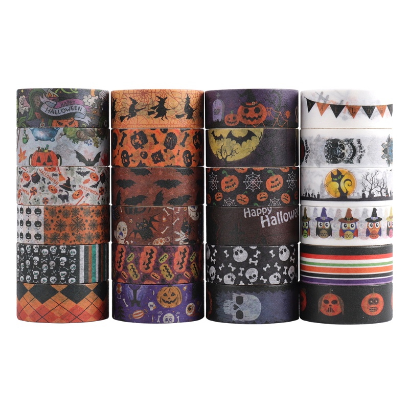 Zzz 24 Rol Tape / Selotip Washi Motif Labu / Kelelawar / Tengkorak Halloween Untuk Dekorasi Scrapbook DIY