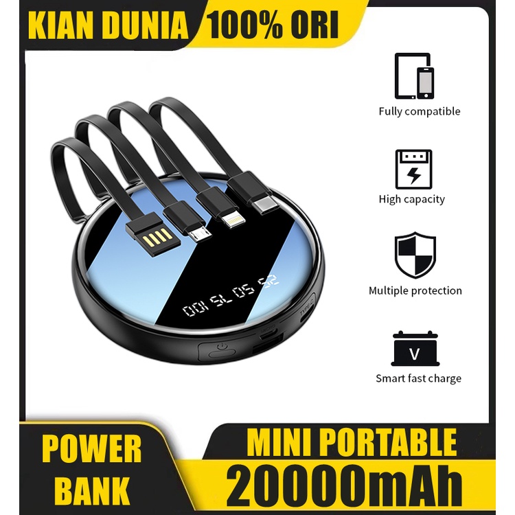 20000mAh Mini Power Bank Fast Charging with 4in1 Kabel Data Real Capacity Pocket Size Portable Mobile Phone Charger for Xiaomi Iphone Samsung Huawei