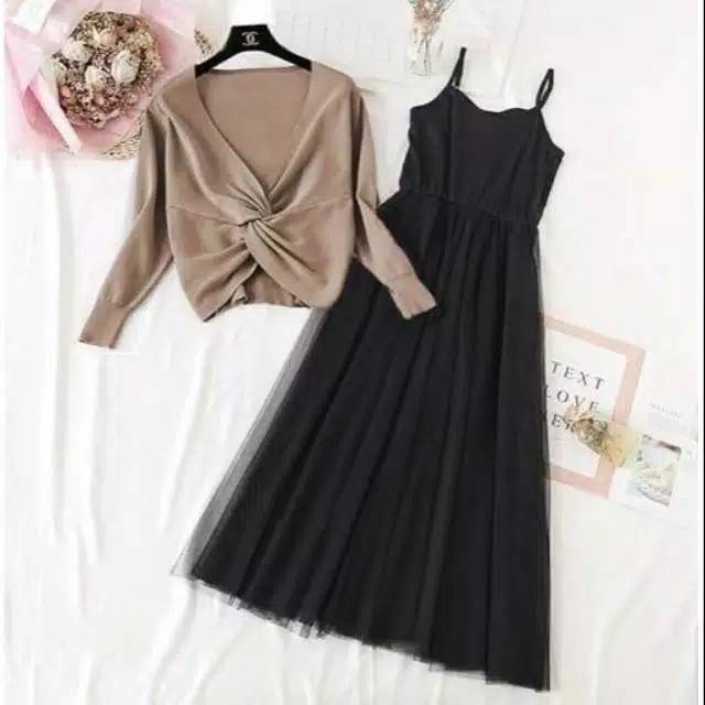 Dress wanita baju dres 2in1 maxi plus rompi ready tiga warna